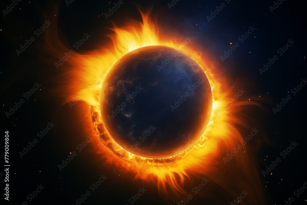 Naklejka premium solar eclipse with a spectacular corona and prominences surrounding the darkened sun against the backdrop of dark outer space. Concept: illustrations of cosmic phenomena, astronomy