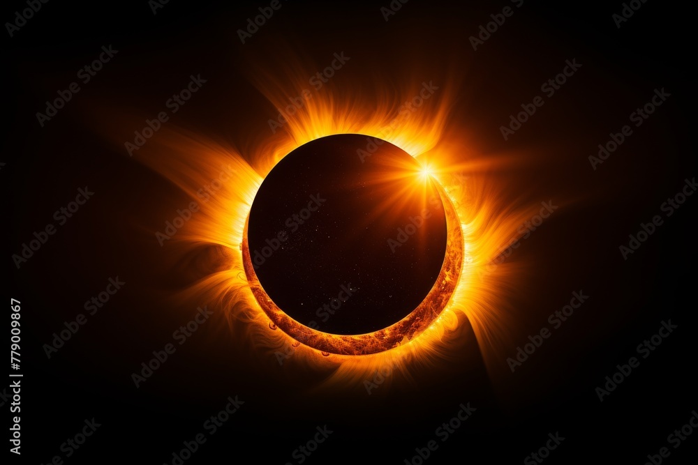 solar eclipse with a spectacular corona and prominences surrounding the darkened sun against the backdrop of dark outer space.
Concept: illustrations of cosmic phenomena, astronomy - obrazy, fototapety, plakaty 