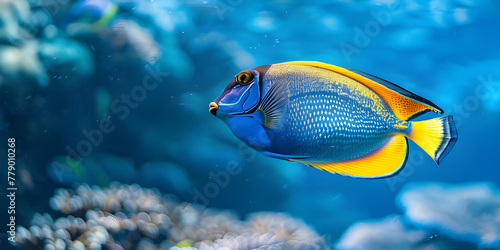 Ocean Background with Colorful Surgeonfish Swimming, Colorful Surgeonfish Gliding in Ocean Background, Vibrant Surgeonfish Swimming in Oceanic Background - Ai Generated