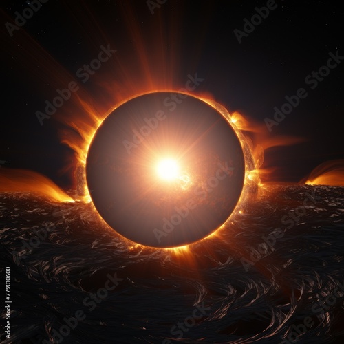 solar eclipse with a spectacular corona and prominences surrounding the darkened sun against the backdrop of dark outer space.
Concept: illustrations of cosmic phenomena, astronomy