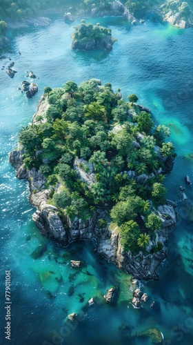 Small rocky island with green vegetation in the middle of the ocean