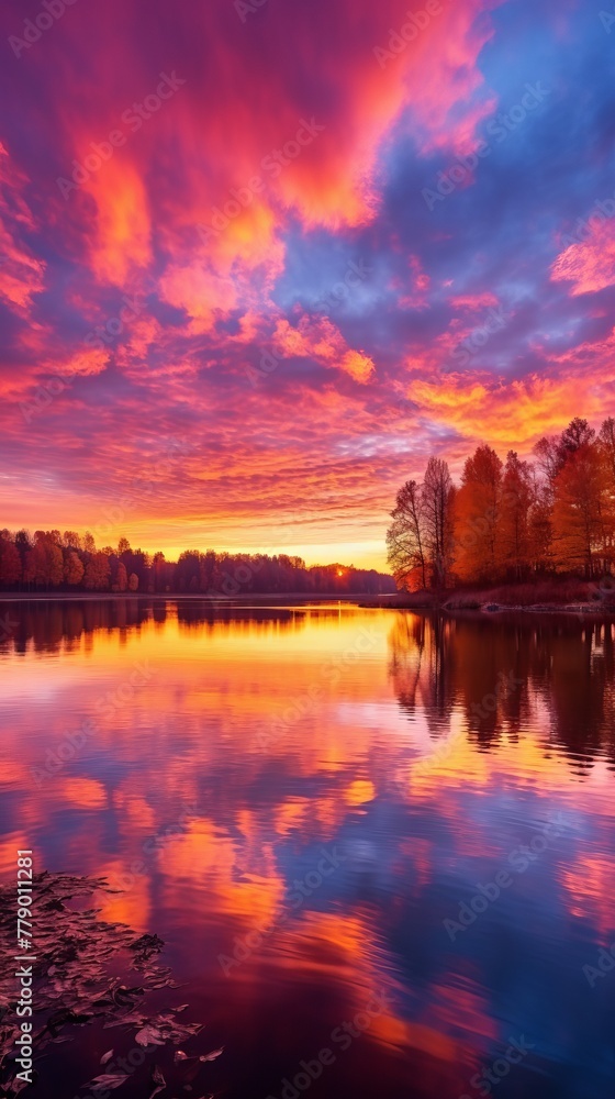 A vivid sunset sky over a calm lake reflecting the vibrant colors