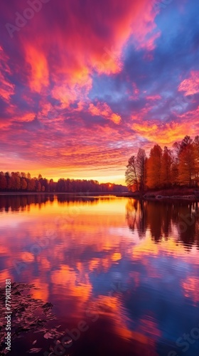A vivid sunset sky over a calm lake reflecting the vibrant colors