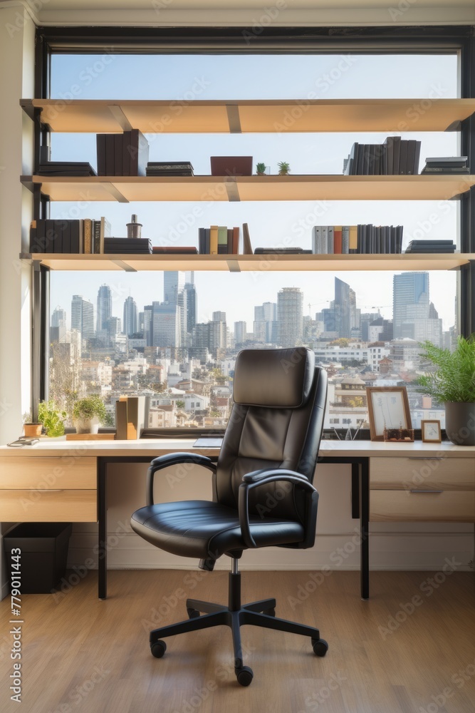 A modern home office with a large window overlooking the city