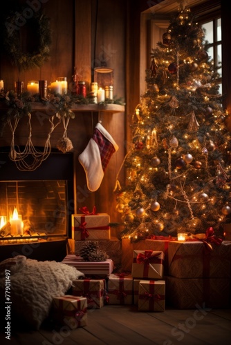 A cozy living room with a fireplace, a Christmas tree, and presents