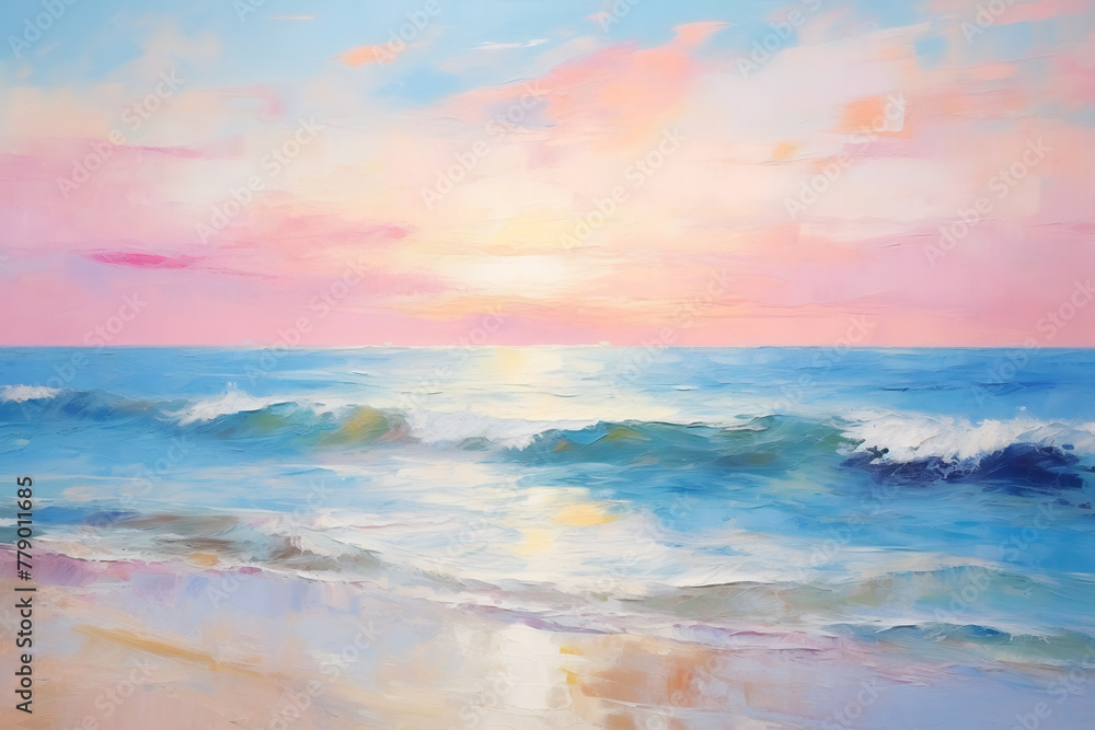 Seascape in pink tones. Oil painting in impressionism style. Horizontal composition.