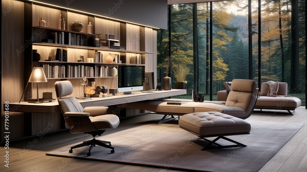 Modern home office interior design with large windows and a view of the forest