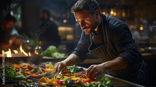 Focused male chef cooking vegetables over an open flame