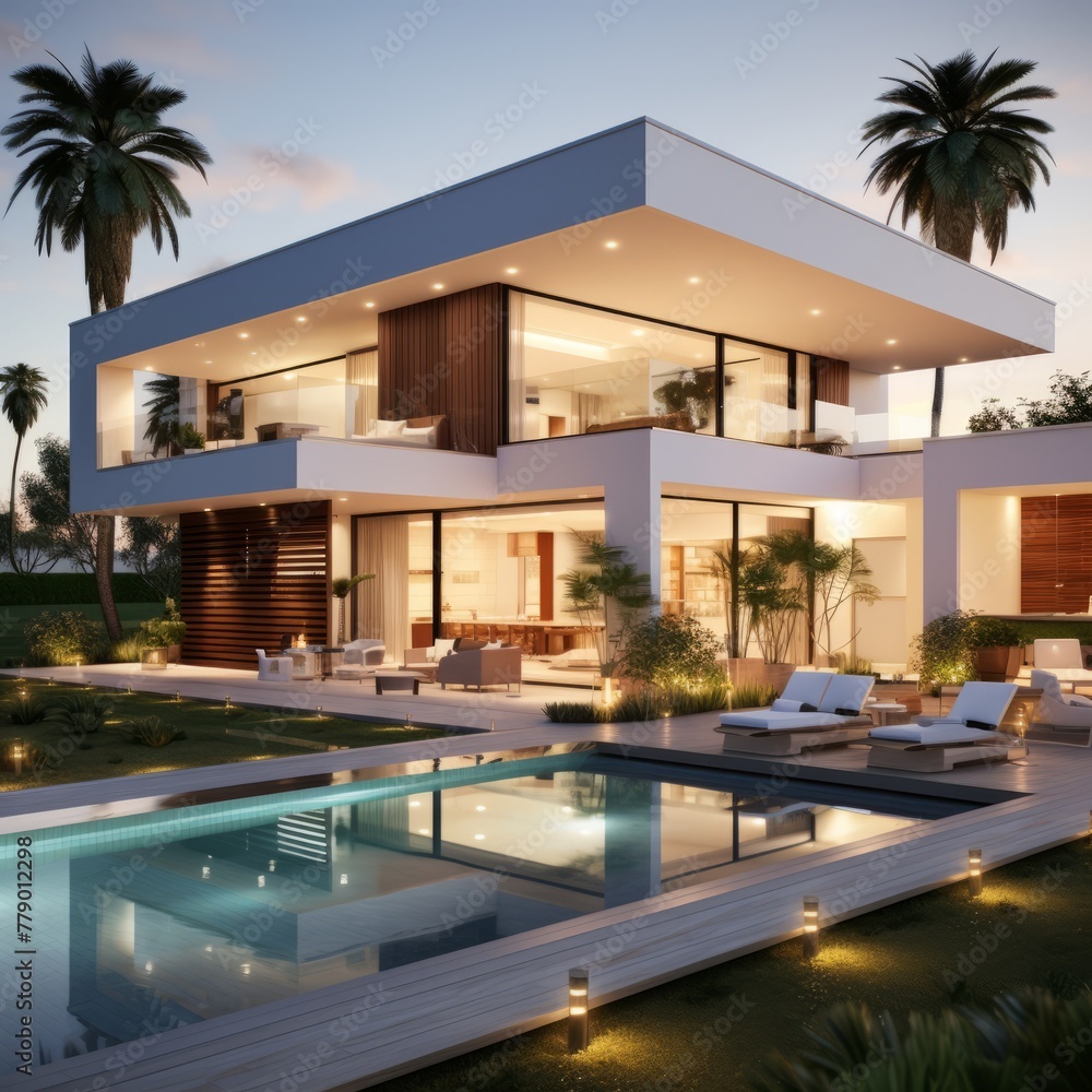 Modern luxury villa with pool and palm trees