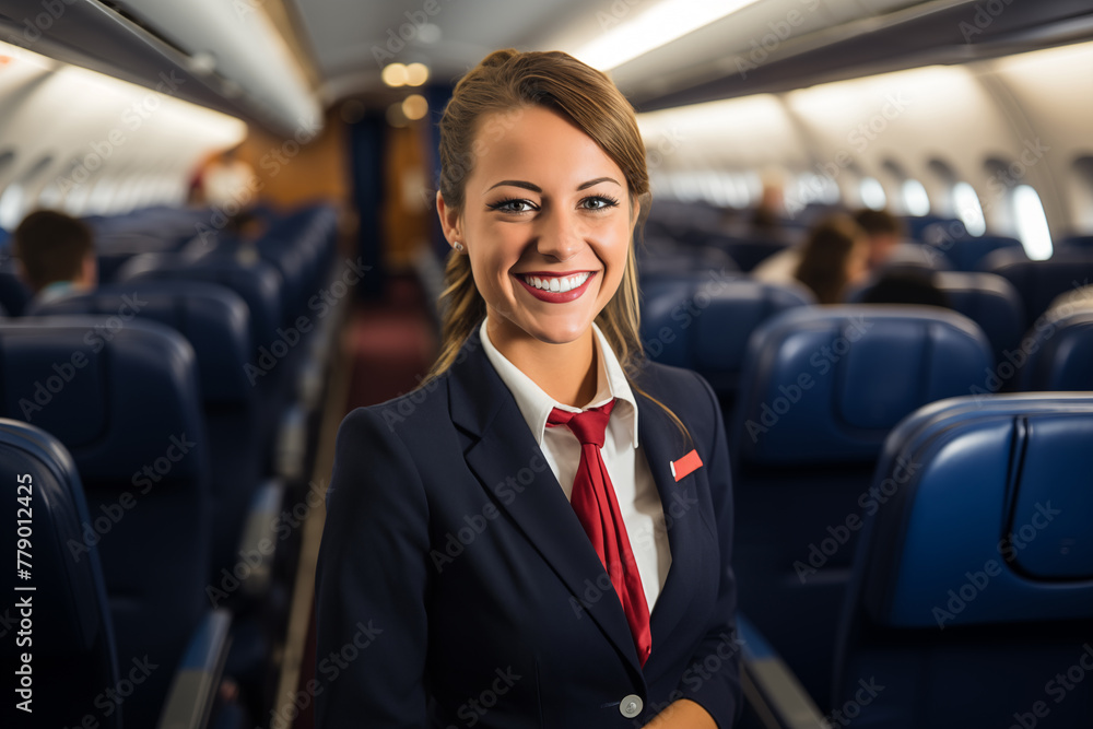 Beautiful smiling flight attendant on board an airplane Beautiful smiling flight attendant on board an airplane