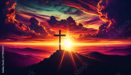 Cross Silhouetted Setting Sun on Hilltop. Spirituality, Faith, Copy-Space
