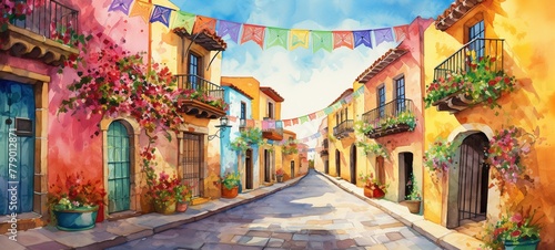 Cinco de Mayo decorated street, watercolor illustration