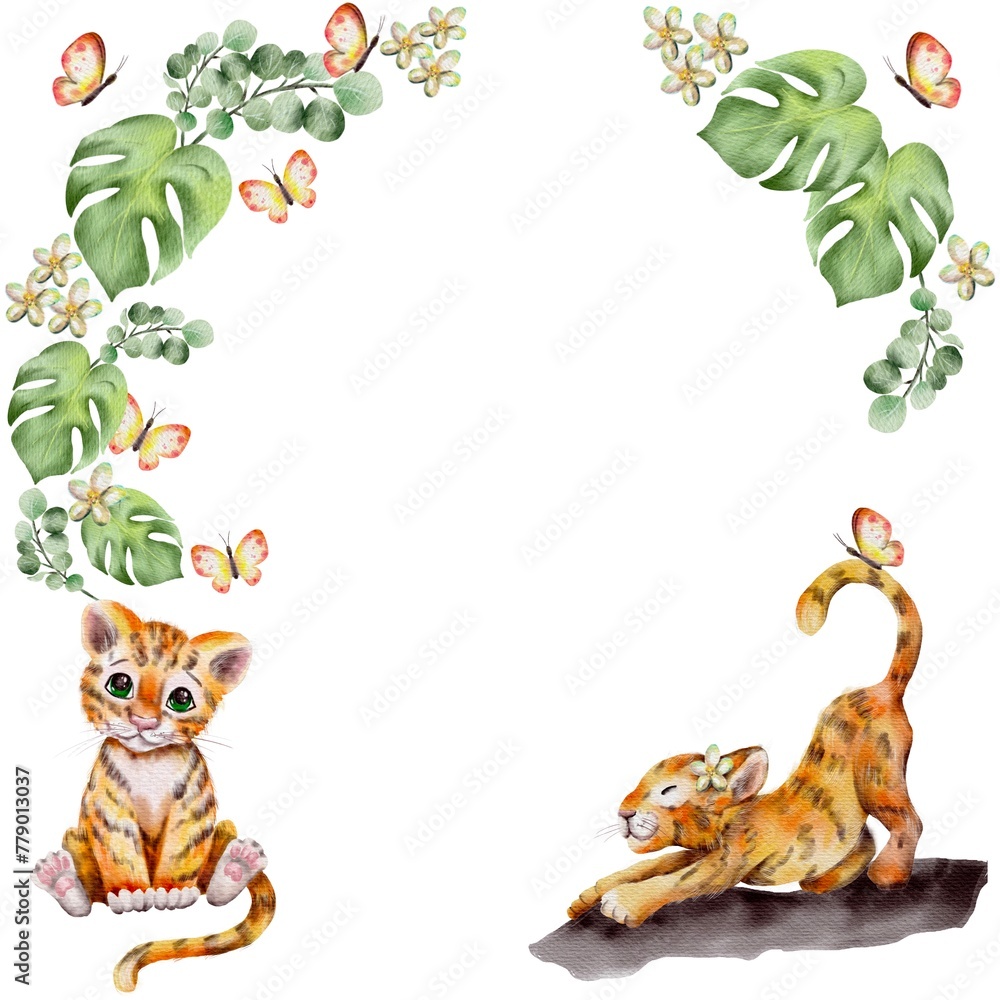 frame with tigers and flowers and butterflies frame with tigers and flowers and butterflies