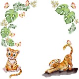 frame with tigers and flowers and butterflies