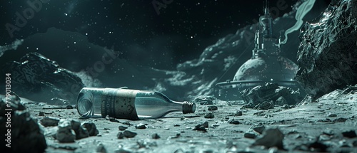 A serene 3D scene of a bottle floating in space, with a ship exploring the cosmos, collecting cosmic trash for study