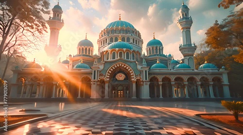 grand mosque with beautiful views of sky clouds photo