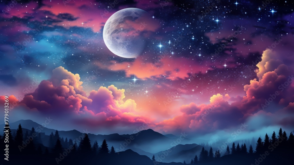 Fantasy landscape with a large moon and colorful clouds