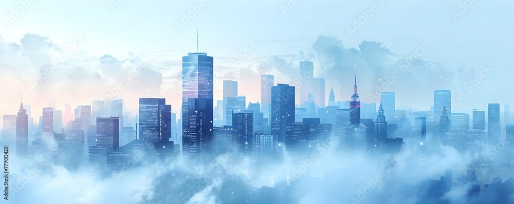 Fototapeta premium Enigmatic Urban Skyline Emerging from Chilly Morning Mist