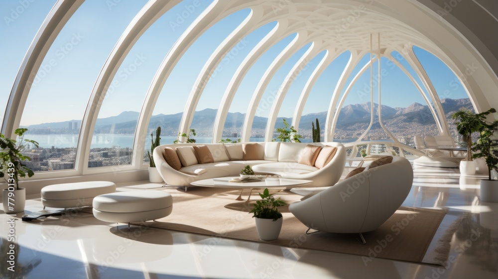 Obraz premium Modern interior design living room with large windows and white furniture