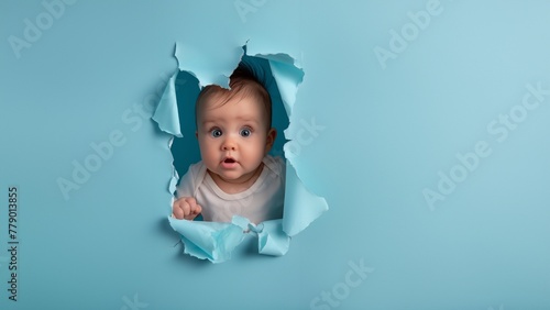 Baby Gesicht schaut durch zerrissenen blauen Karton als Werbefoto mit Platzhalter, ai generativ 
