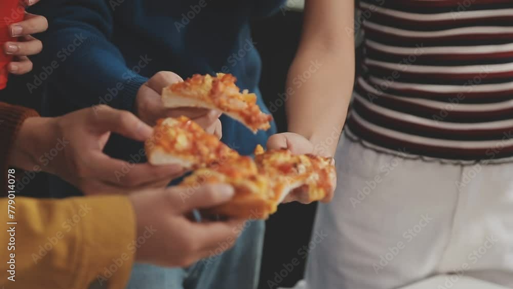 Lunch, happy friends and pizza party with food, drinks and conversation, social gathering and get together. Young people, group and happiness at fast food pizzeria, restaurant and celebration at home