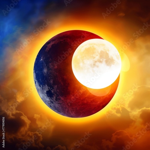 solar eclipse with a spectacular corona and prominences surrounding the darkened sun against the backdrop of dark outer space. Concept: illustrations of cosmic phenomena, astronomy