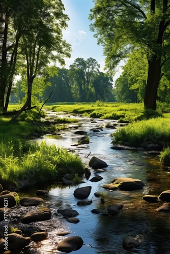 A babbling brook flows through a lush green forest
