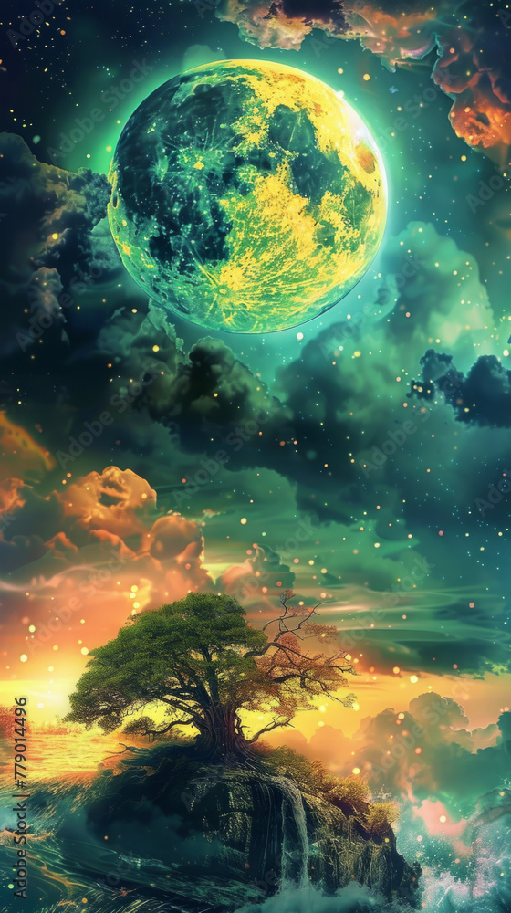 Surreal extraterrestrial landscape with tree - A digitally created fantasy landscape with a lone tree on a cliff under a large green planet amid starry sky