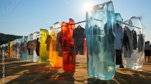 A vibrant scene of a summer festival where ice sculptures of shirts stand decorated with seaweed, offering a cool respite photo
