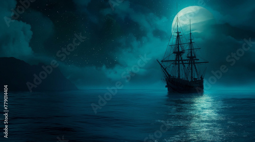 Big ship in the night sea