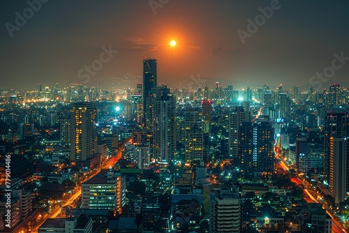 A solar eclipse over a cityscape where the Moon blocks out the Sun, leaving only the dazzling glow of the sun's corona.
Concept: urban studies and the influence of astronomical events in the city photo