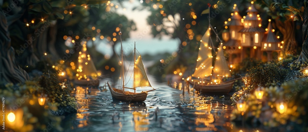 A whimsical 3D scene where children build ships from bottles and sail them in a magical river made of liquid light, surrounded by nature, not trash A whimsical 3D scene where children build ships from bottles and sail them in a magical river made of liquid light, surrounded by nature, not trash