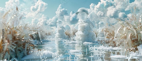 A whimsical 3D scene of shirts made of ice, skating across a frozen pond amidst seaweed decorations