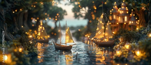 A whimsical 3D scene where children build ships from bottles and sail them in a magical river made of liquid light, surrounded by nature, not trash