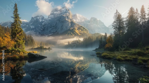Misty mountain lake with stunning reflections - A serene mountain lake with fog and clear reflections in calm water, surrounded by majestic peaks and autumn foliage