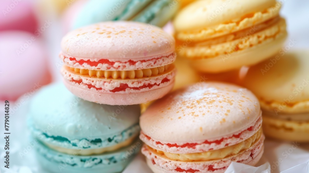 Stack of macarons with selective focus - A tantalizing close-up of a stack of macarons with selective focus, highlighting the dusting of sugar and the rich, creamy fillings