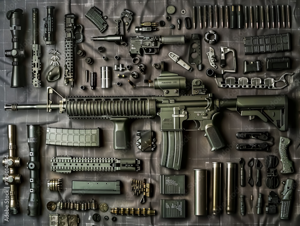 Assault rifle, assault rifle and other military equipment on black ...