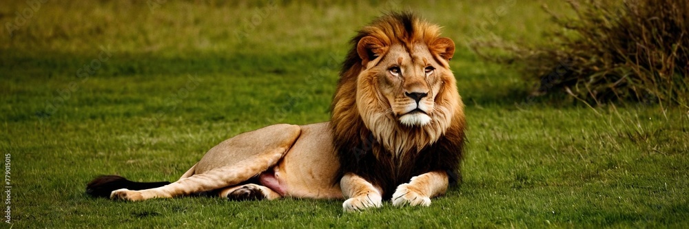 Big lion lying on savannah grass. Landscape with characteristic trees on the plain and hills in the background.with Generative AI technology	
