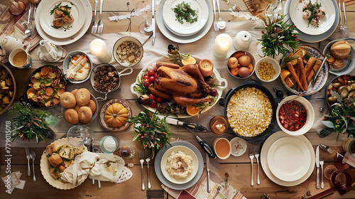 Festive table setting for Thanksgiving dinner, top view. Traditional christmas food and drinks on rustic wooden table.