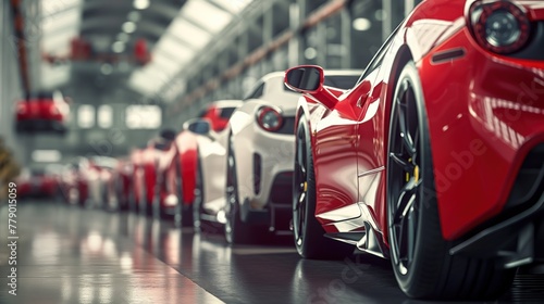 Row of red and white sports cars parked in a line © Ananncee Media