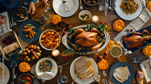 Top view of festive table with roasted turkey, pumpkins and other food. Thanksgiving dinner concept