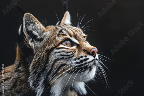 close-up of a bobcat, its tufted ears and bright eyes are the focus of the image