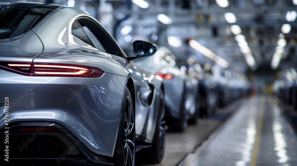Multiple silver cars parked in a factory, lined up neatly
