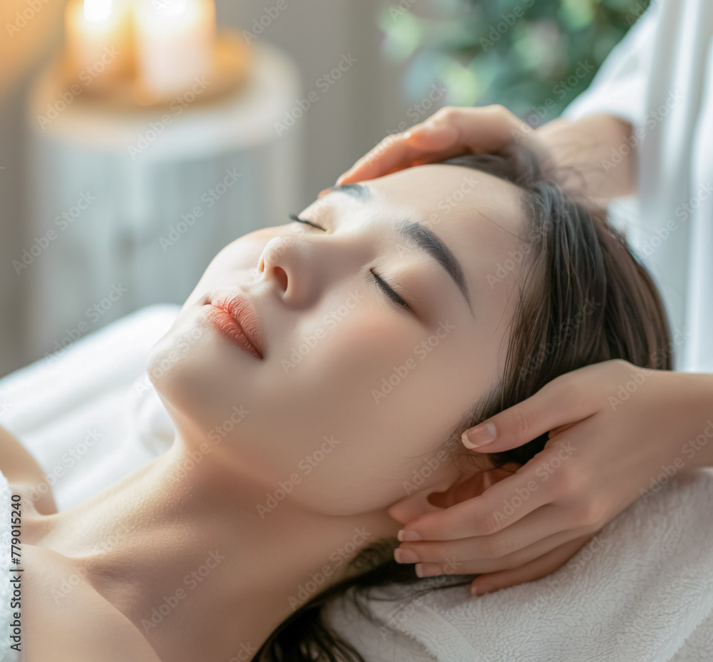 beautiful young asian woman with closed eyes receiving facial massage in spa salon