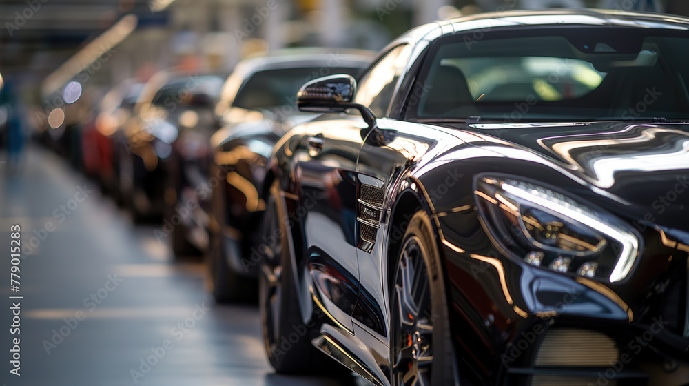 Cars lined up neatly on the side of a busy car assembly factory Cars lined up neatly on the side of a busy car assembly factory