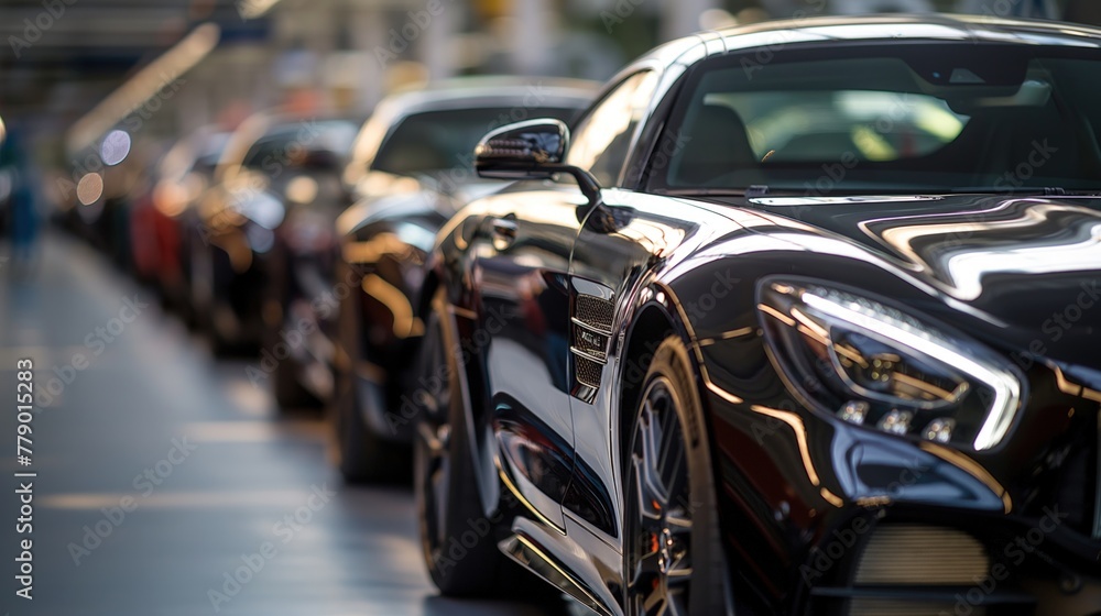 Cars lined up neatly on the side of a busy car assembly factory