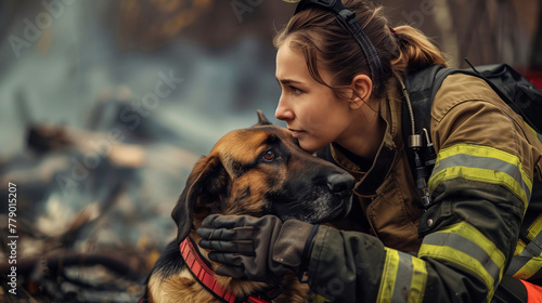 Firefighter girl rescued a dog from a fire photo
