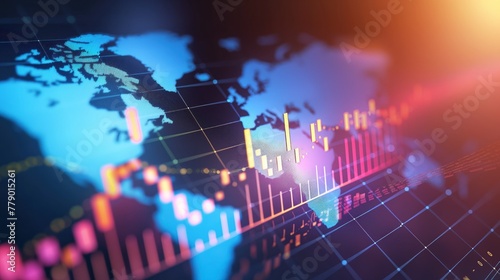 Gleaming 3D chart icon showing upward trend placed over a world map photo