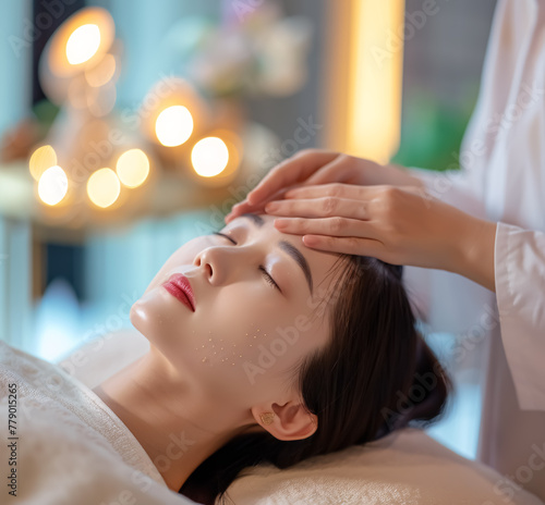 Beautiful young asian woman enjoying facial massage in spa salon.