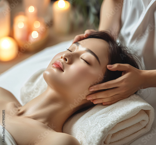 Beautiful young woman getting facial massage in spa salon. Spa treatment concept.